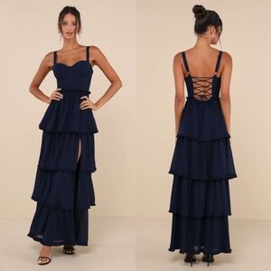Lulus Sophisticated Occasion Navy Blue Bustier Lace-Up Maxi Dress Wedding